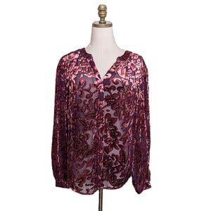 Chicos Velvet Burnout Blouse Size XL 3 Burgundy Long Sleeve Whimsigoth Victorian